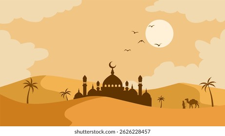 Landscape of mosque in the desert scenery for Ramadan. Panoramic view of sandy desert with muslim walking alongside camel. Vector illustration of scenic arabian desert for Ramadan Mubarak celebration