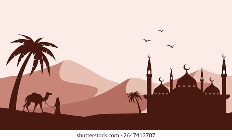 Paisagem da mesquita no cenário do deserto para o Ramadã. Vista panorâmica do deserto arenoso com muçulmanos caminhando ao lado de camelos. Ilustração vetorial do deserto cênico árabe para a celebração do Ramadã Mubarak