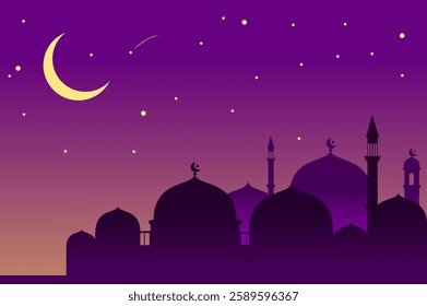 Landscape mosque illustration. Ramadan kareem cartoon.  Colored mosque silhouette. Can be used for wallpaper and card greeting