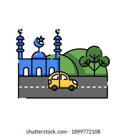 Paisaje de la mezquita, árbol y auto en la carretera. Fácil de editar con archivo vectorial. Puede usar para su contenido creativo. Especialmente sobre la ilustración del tráfico.
