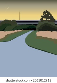 
Landscape with a motorway on an evening background. Vector illustration for the design of illustrations and scenes in the style of travel and outdoor recreation