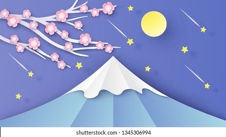 Landscape of Mount Fuji and cherry blossom in the spring night. Landscape design for Spring. paper cut and craft style. vector, illustration.