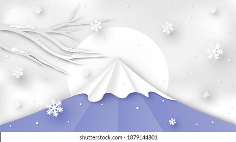 Landscape of Mount Fuji with falling snow in winter. Beautiful Mount Fuji in winter. Mount Fuji in Christmas and New year. paper cut and craft style. vector, illustration.