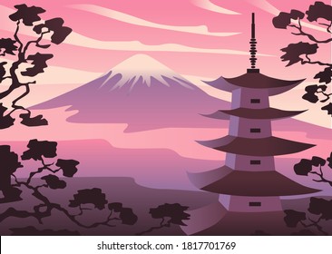 Landscape Mount Fuji Morning in the Fog. Fujiyama and the Japanese Pagoda at Dawn. Vector illustration in flat style.