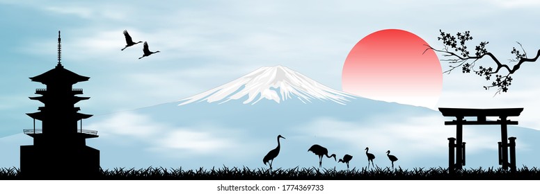 Landscape with Mount Fuji. Rising Sun. Blue sky. Japanese pagoda, sakura branch, gate and birds.