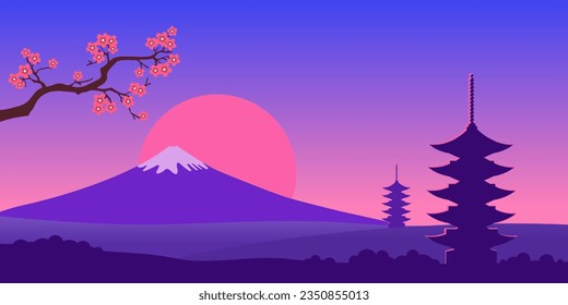 Landscape with Mount Fuji. Sunset and cherry blossom branch. Colorful violet-pink sky. Japanese pagoda, sakura. Symbol of Japan.