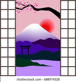 Landscape with Mount Fuji, torii, cherry blossoms and sunrise outside the japanese window