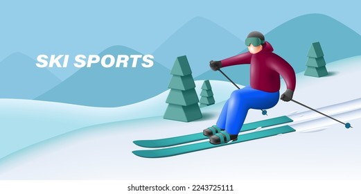 Landscape mountain background with 3d render illustration of skiier sliding down the slope