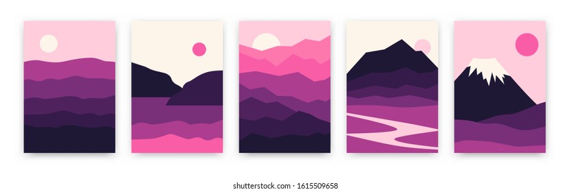Landscape mountain background poster design. Vector illustration in trendy Asian Japanese style. Geometric template with mountains, river sea in sunset backdrop flyer shape