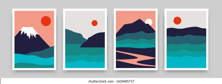 Landscape mountain background poster design. Vector geometric template with mountains, river sea in sunset backdrop. Illustration in trendy asian japanese style