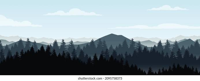 
paisaje montañoso hermoso montañas azul oscuro con niebla y bosques y senderismo. ilustración vectorial