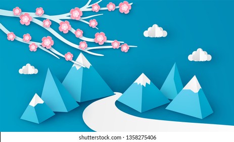 Landscape of Mountain and cherry blossom in the Spring season. Spring scenery design. paper cut and craft style. vector, illustration.