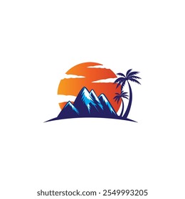 paisagem montanha coqueiro na tarde logotipo design ilha ilustração vetor cor