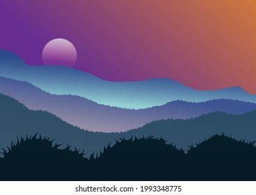 Paisaje, paisaje montañoso y atmósfera nocturna, ilustración vectorial, para el diseño publicitario, creación de papel pintado, portada de libros.