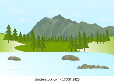 Landscape mountain flat design. mountain lake landscape vector illustration