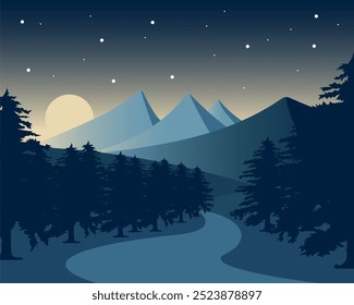 Diseño plano de la montaña del paisaje, con la luz de la estrella y el cielo oscuro