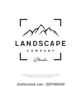 Landscape Mountain with Focus Square Lens Frame logo. design template, vector illustration.