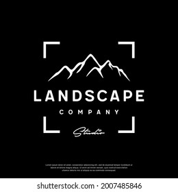 Landscape Mountain mit Focus Square Linsrahmen Logo. Design-Vorlage, Vektorgrafik.