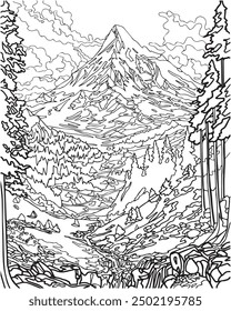 Landscape with mountain and forest. Coloring book