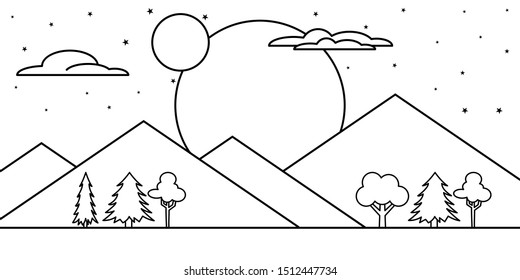Landscape mountain forest night sky star illustration