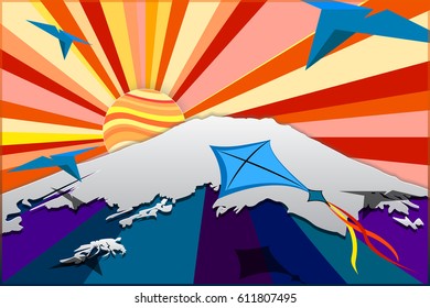Landscape with a mountain of Fuji. Flat design for poster. Vector illustration.