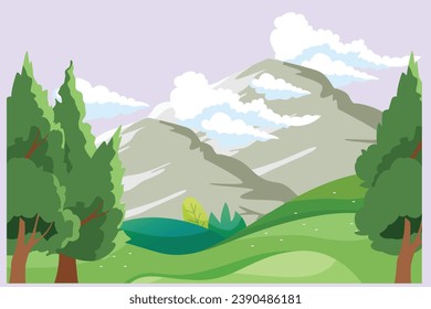 Landscape with mountain, grass, trees, and clouds. Nature concept. Colored flat vector illustration isolated.