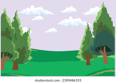 Landscape with mountain, grass, trees, and clouds. Nature concept. Colored flat vector illustration isolated.