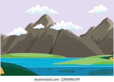 Landscape with mountain, grass, trees, and clouds. Nature concept. Colored flat vector illustration isolated.