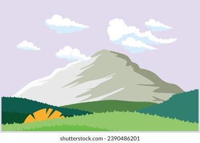 Landscape with mountain, grass, trees, and clouds. Nature concept. Colored flat vector illustration isolated.