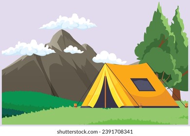 Landscape with mountain, grass, trees, and clouds. Nature concept. Colored flat vector illustration isolated.
