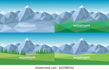 Landscape with Mountain and green field view. Vector banners set with polygonal landscape illustration. Flat design. 4 background in different seasons. Simple style