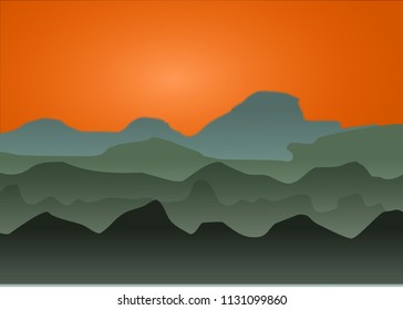 Landscape of Mountain and hill with red sky at night.
