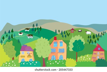 Landscape with mountain hills, cows, trees, village cartoon