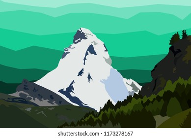 Landscape with mountain, hills, forest, sunset. Vector illustration