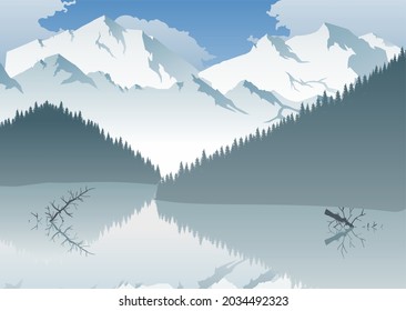 Landscape Mountain Hills Snowy and Lake with Pine Forest winter 