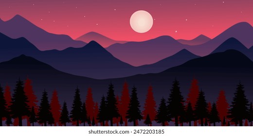 landscape mountain illustration. The sky is a deep red color. The mountains are covered in trees and the moon is shining brightly. The scene is peaceful and serene