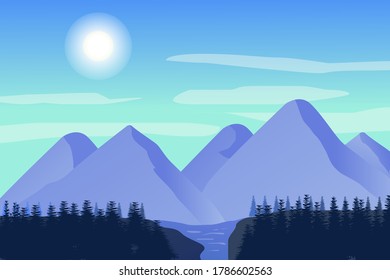 landscape mountain with jungle in winter season vector illustration