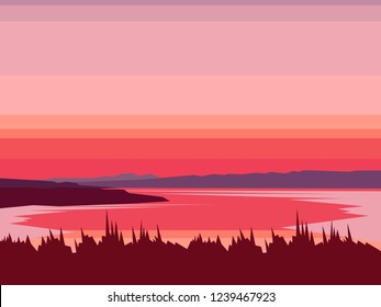 Landscape Mountain lake abstract vector. Mountaineering and Traveling Illustration. Sunset with water, mountains, forest. Landscape vector background. Sports, Vacation, Outdoor Recreation Concept.