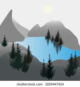 landscape of a mountain lake drawn in vector