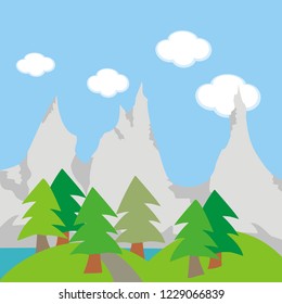 Landscape, mountain, lake and forest, vector illustration