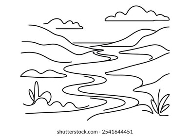 Landscape. Mountain lake. High mountains. Forest lake in rocks. Landscape. One continuous line. Linear. Drawn one continuous line, white background