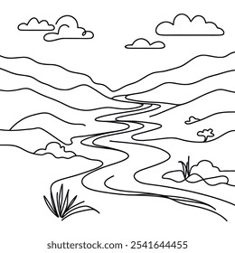 Landscape. Mountain lake. High mountains. Forest lake in rocks. Landscape. One continuous line. Linear. Drawn one continuous line, white background