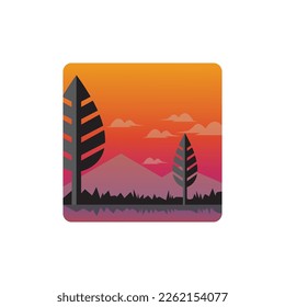 Landscape mountain and lake leaf trees in the evening coloring vector illustration design.