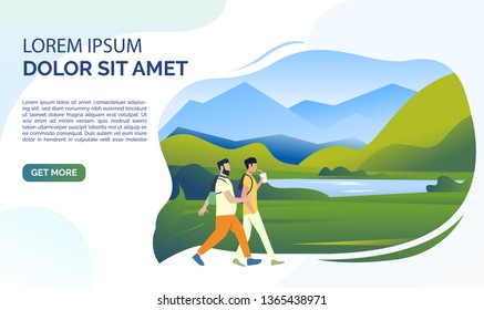 Landscape, mountain lake, meadow, people and sample text. Tourism, travel, holiday concept, presentation slide template. Can be used for topics like nature, vacation, summer