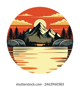 The landscape of a mountain lake on the background of a sunset. A template for the design of stickers, clothes and souvenirs. Isolated on a white background. Vector illustration.