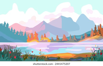 Landscape with a mountain lake. River bank at sunset. Camping site. Banner and tourism advertising. Postcards and invitations to the spring season resort. Vector illustration