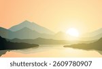 Landscape of mountain lake scenery. Panoramic view of mountain and pine forest with serene lake. Vector illustration of tranquil landscape with coniferous trees and mountain reflection on the water