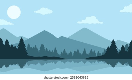 Landscape of mountain lake scenery. Panoramic view of mountain and pine forest with serene lake. Vector illustration of tranquil landscape with coniferous trees and mountain reflection on the water