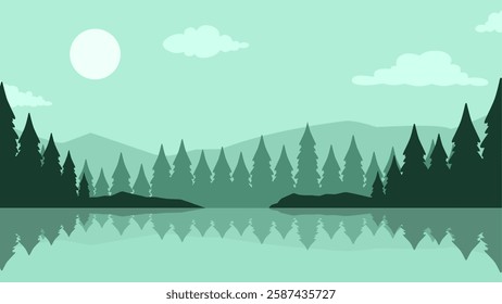 Landscape of mountain lake scenery. Panoramic view of mountain and pine forest with serene lake. Vector illustration of tranquil landscape with coniferous trees and mountain reflection on the water