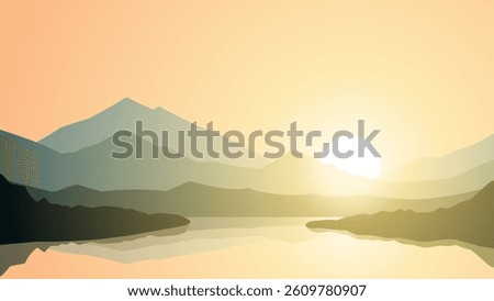Landscape of mountain lake scenery. Panoramic view of mountain and pine forest with serene lake. Vector illustration of tranquil landscape with coniferous trees and mountain reflection on the water